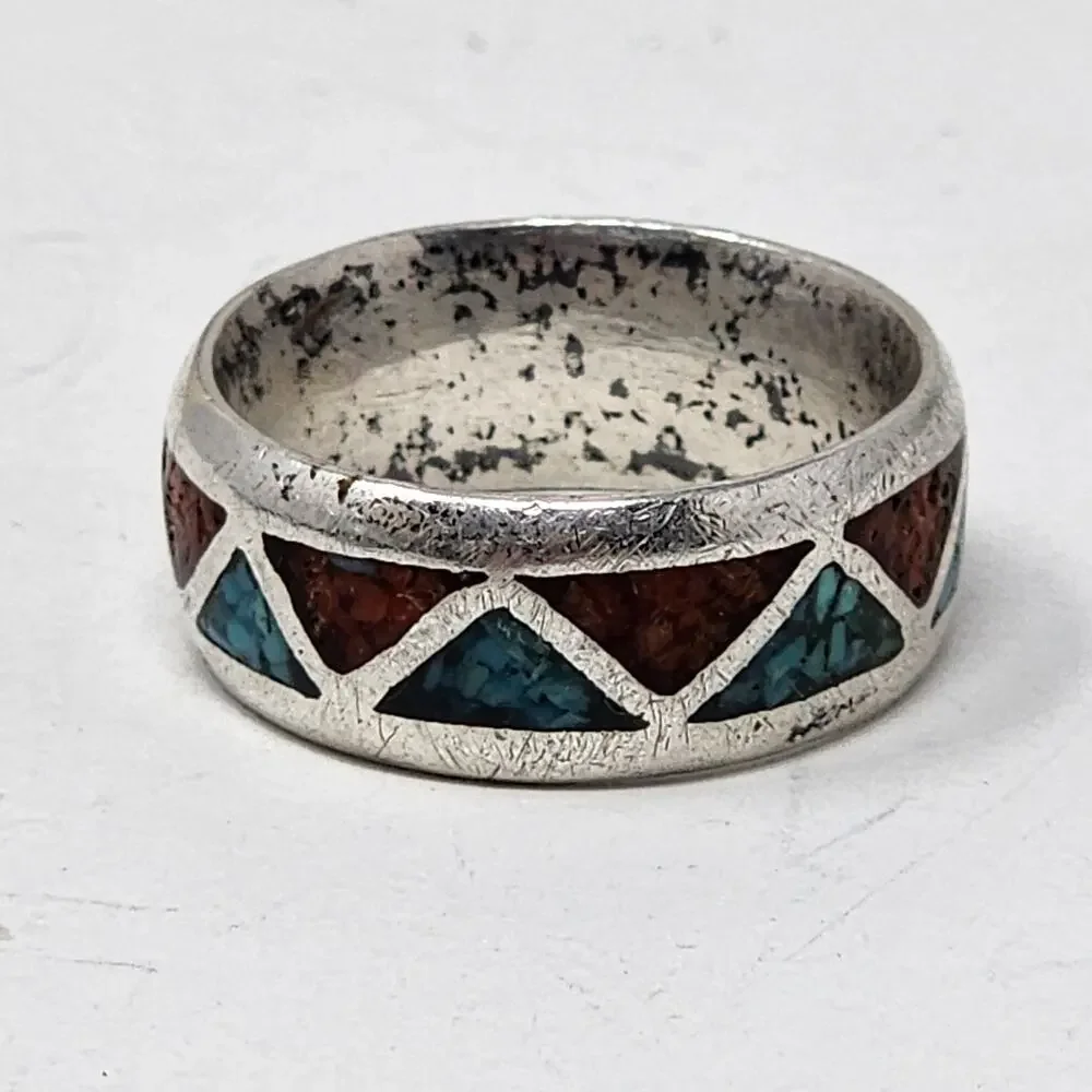 Vintage Sterling Silver Genuine Turquoise & Coral Navajo Native American Ring